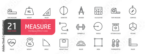 Set of line icons related to tape measure, weight, diameter, ruler, compass. Outline icons collection. Editable stroke. Vector illustration.