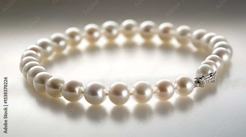 Obraz premium Elegant pearl necklace with diamond clasp resting gracefully on a white surface background