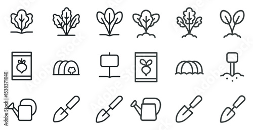 Gardening line icons set – outline, tools, plant care symbols for backyard enthusiasts