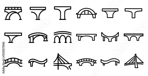Bridge and architecture outline icons set – linear, structural, engineering symbols