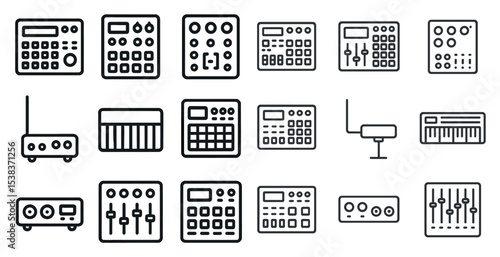 Electronic music devices outline icons set – linear, dj and sound equipment symbols