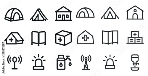 Emergency shelter and relief line icons set – safety, outline, humanitarian symbols
