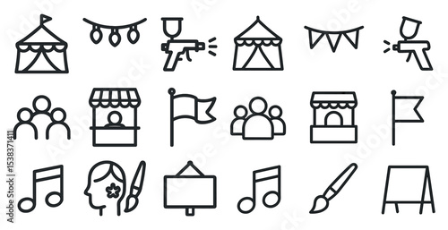 Carnival and festival outline icons set – silhouette, fair and amusement symbols