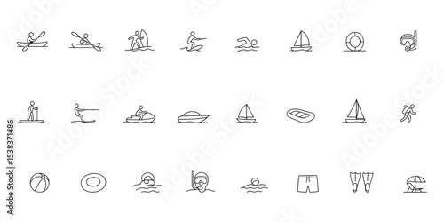 Single Line Vector Icons Set – Water Recreation Activities Silhouettes