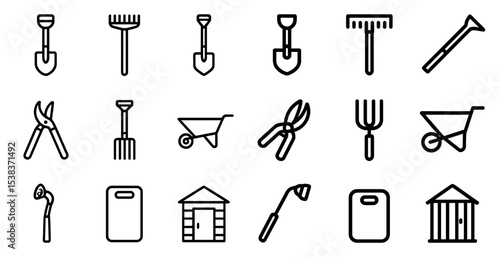 Gardening tools outline icons set – silhouette, flat, garden and backyard symbols