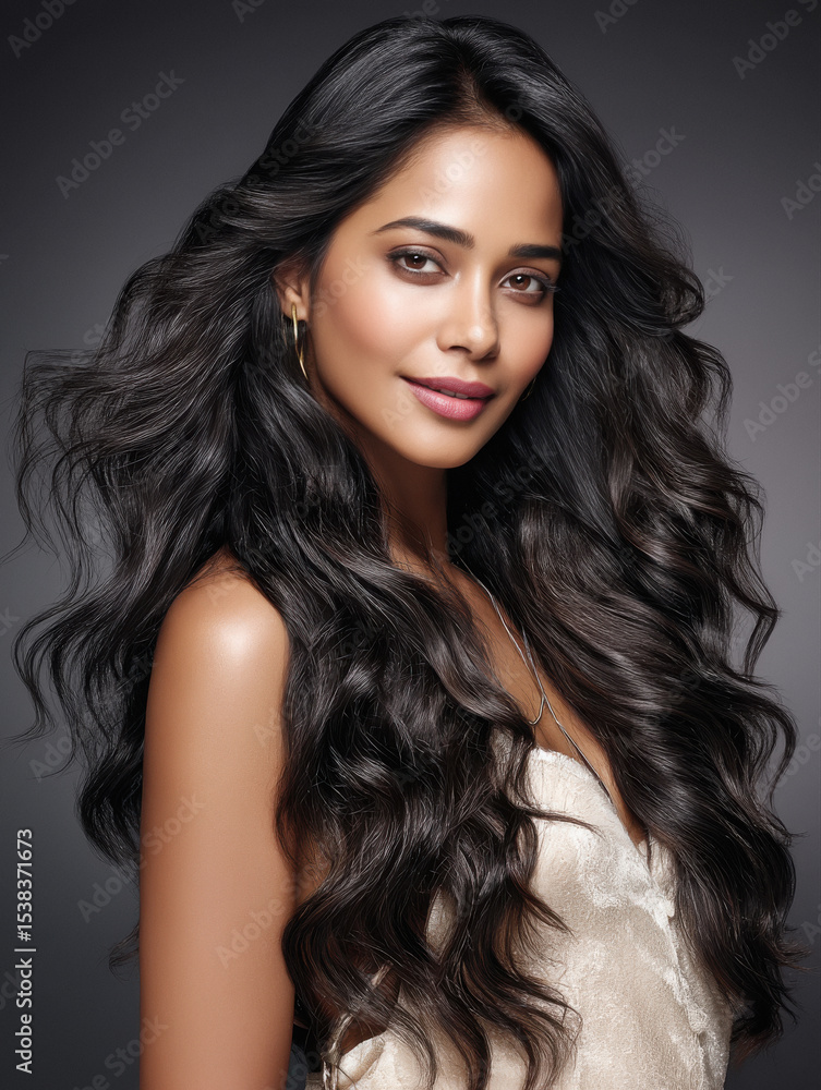 Naklejka premium close up of young indian woman standing with long black hair