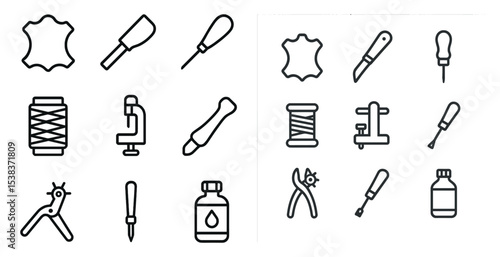 Leather craft linear icons set – outline, sewing, and tool symbols for artisans