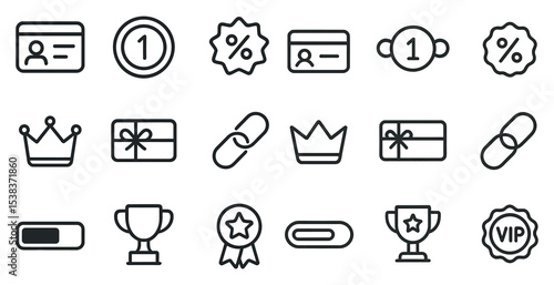 Membership and rewards outline icons set – silhouette, loyalty, perks and benefits symbols