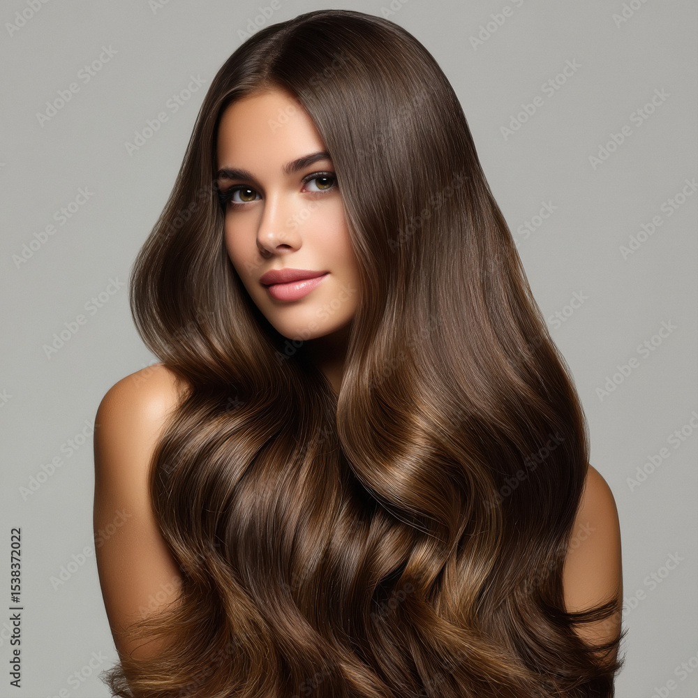 Fototapeta premium young beautiful woman standing with log brown hair