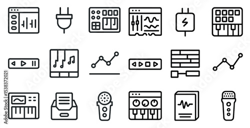 Music production outline icons set – flat, line, audio and sound design symbols