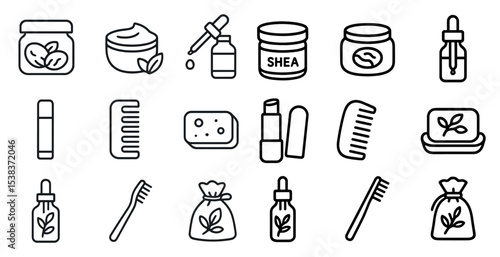 Organic skincare line icons set – grooming, beauty, wellness symbols