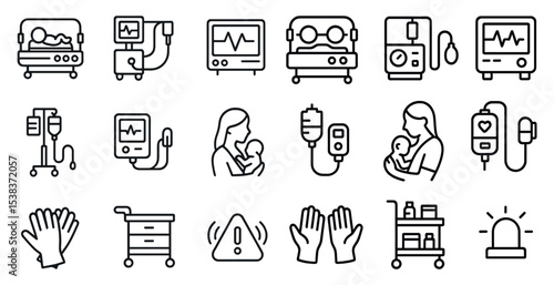 Neonatal care outline icons set – infant, medical, and hospital equipment graphics