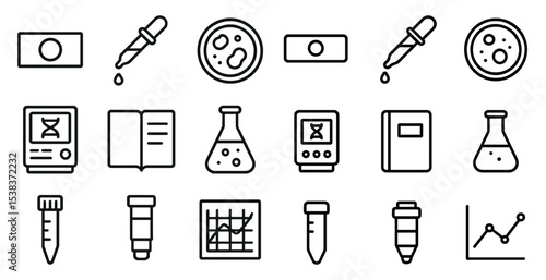 Science lab outline icons set – linear, chemistry, laboratory symbols for research