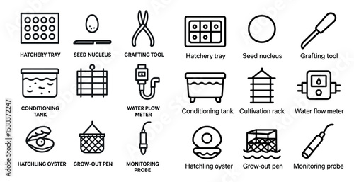 Aquaculture line icons set – outline, hatchery and fish farming symbols