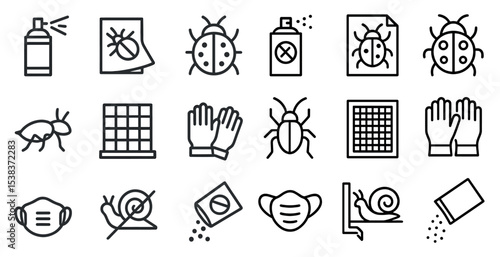 Pest control outline icons set – linear, filled, insect management symbols