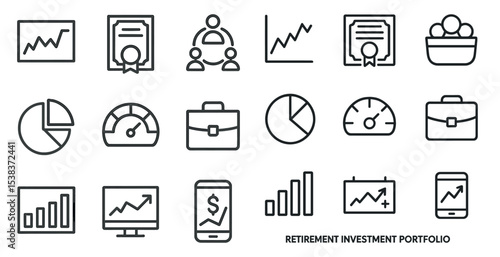 Finance outline icons set – charts, reports, investment tracking symbols