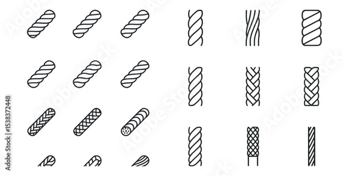 Braided rope outline icons set – linear, silhouette, nautical and marine symbols