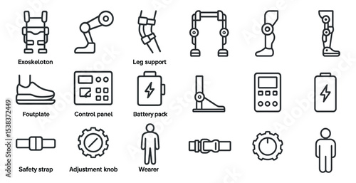 Exoskeleton outline icons set – silhouette, linear, robotic and wearable technology symbols