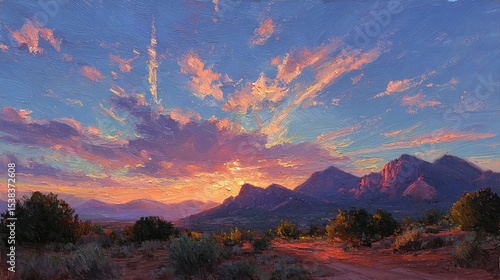 Fototapeta Naklejka Na Ścianę i Meble -  Serene desert sunset oil painting with bold brushstrokes and warm color tones expressing tranquility, vast landscape, and golden hour atmosphere in abstract artistic style

