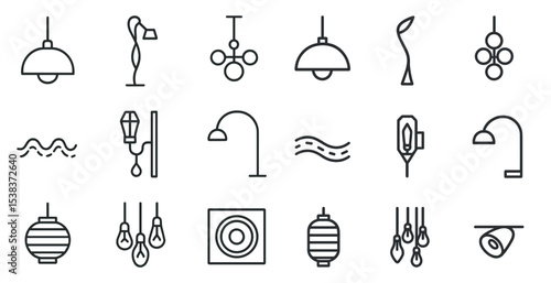 Modern lighting outline icons set – minimalist, lamp, interior design symbols