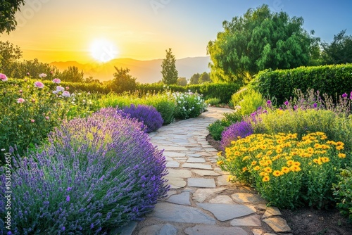 Serene morning in vibrant flower garden with sunrise and stone path