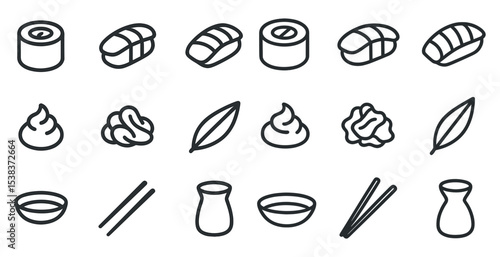 Japanese food outline icons set – sushi, chopsticks, culinary line drawings