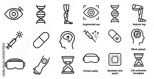 Futuristic health outline icons set – medical, technology, innovation symbols