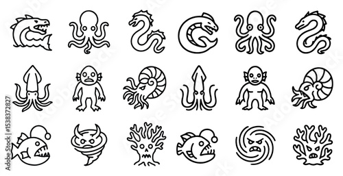 Mythical creatures icons set – outline, linear, fantasy and legend symbols