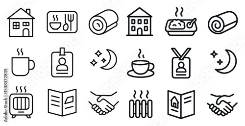Home and hospitality outline icons set – minimal, line, domestic and service symbols