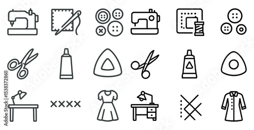 Sewing and crafts outline icons set – linear, design, stitching and tailoring symbols