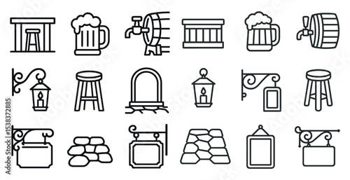 Bar and brewery outline icons set – linear, silhouette, pub and beer symbols