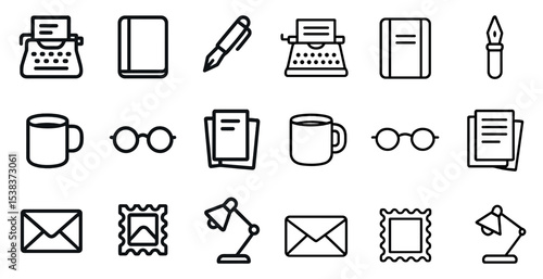 Vintage typewriter outline icons set – flat, silhouette, writing and office symbols