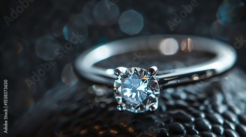 This is a close-up of a beautiful diamond ring. The ring is made of white gold and features a round, brilliant-cut diamond.