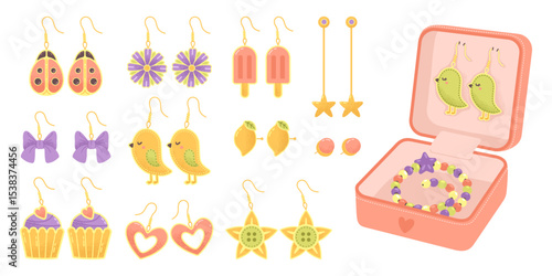 Set of modern fashion earrings. Kid costume jewelry, gold plated trendy metal ear jewelry. Vector hand drawing isolated
