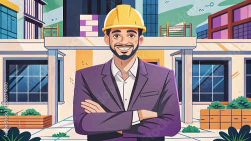 Architect smiling proudly on construction site, showcasing creativity, building design, architectural planning, and professional success in modern urban development projects