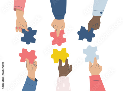 Teamwork solving puzzles, Multicultural businessman and woman hands holding puzzle pieces, Business people working together to find solution in office, Connecting jigsaw pieces. Vector.
