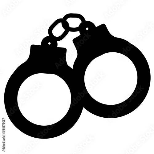 A black graphic of handcuffs with a white background on display
