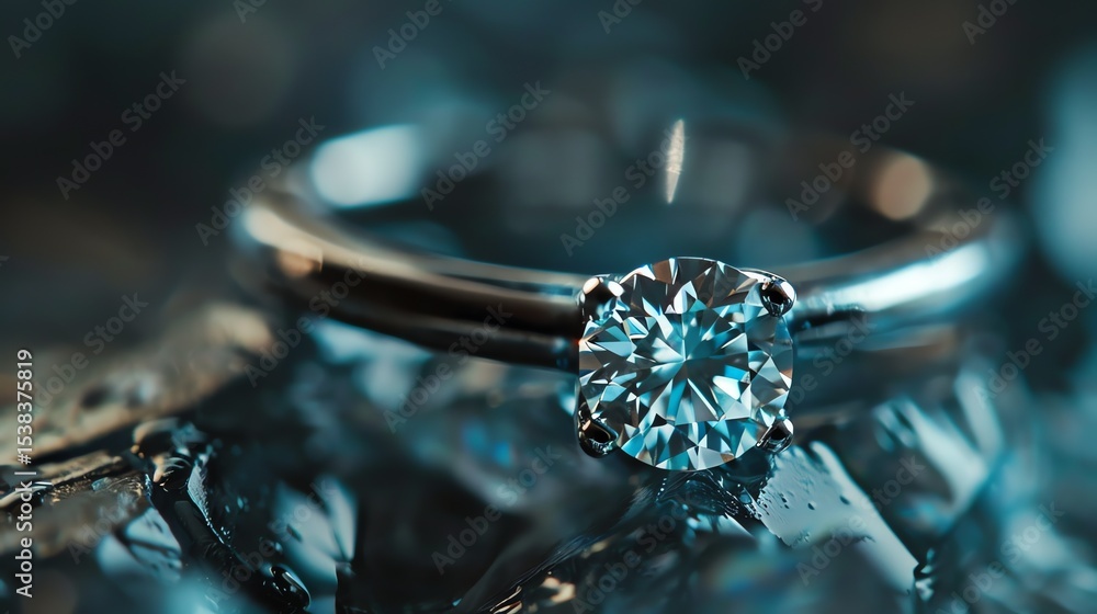 This is a close-up image of a beautiful diamond ring sitting on a reflective surface. This is a close-up image of a beautiful diamond ring sitting on a reflective surface.