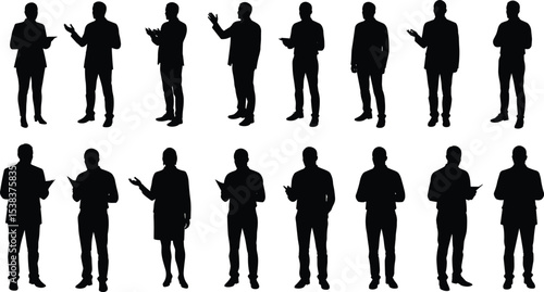 Business people silhouette set, standing pose, hand gestures, speaking, holding papers, vector black figures, office scene, communication illustration, professional stance
