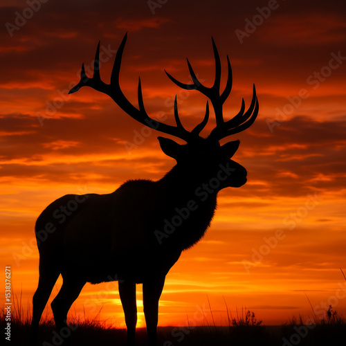 A majestic elk silhouette stands against a fiery sunset, a powerful image evoking awe and wonder in the heart of the wilderness.