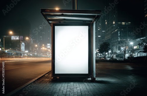 Blank Billboard at Night City Bus Stop
