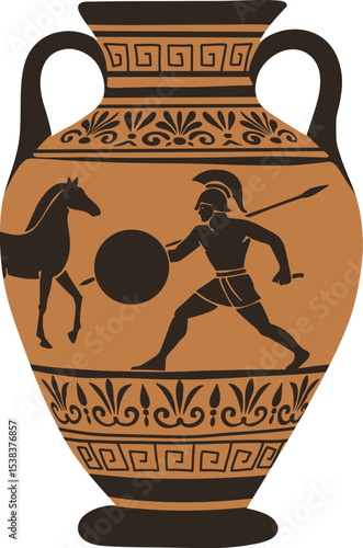 Greek Pottery with Warrior and Horse