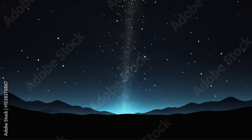 Moonlit mountains under a vast, dark, starry night sky with a hint of blue and distant galaxies