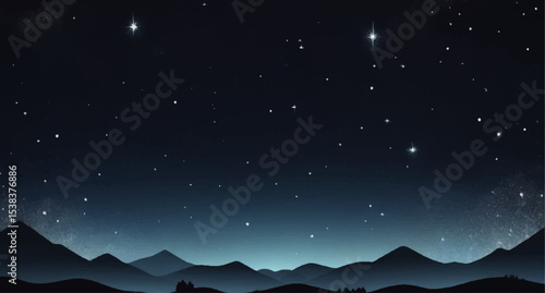 Bright, starry night sky over a dark winter mountain landscape with moon and trees