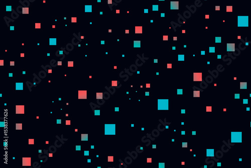 Seamless vector pattern with glowing pixel squares in red and cyan on a dark background. Futuristic, matrix-inspired print networks, digital flow, cyber data, wrapping paper