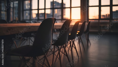 Modern office interior with empty chairs and a sunset view through large windows, creating a serene atmosphere