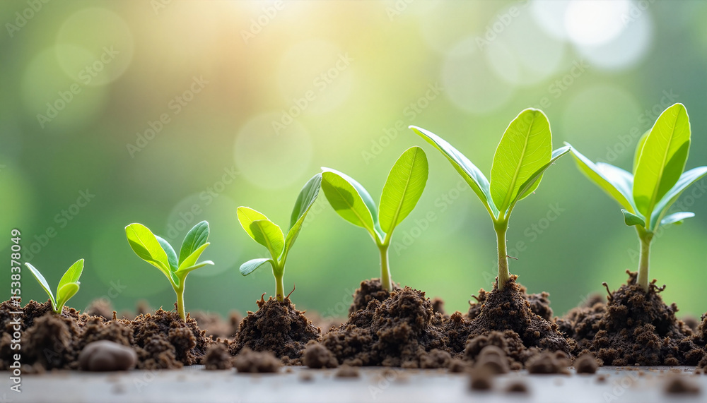 Young green seedlings growing in soil under soft sunlight Young green seedlings growing in soil under soft sunlight