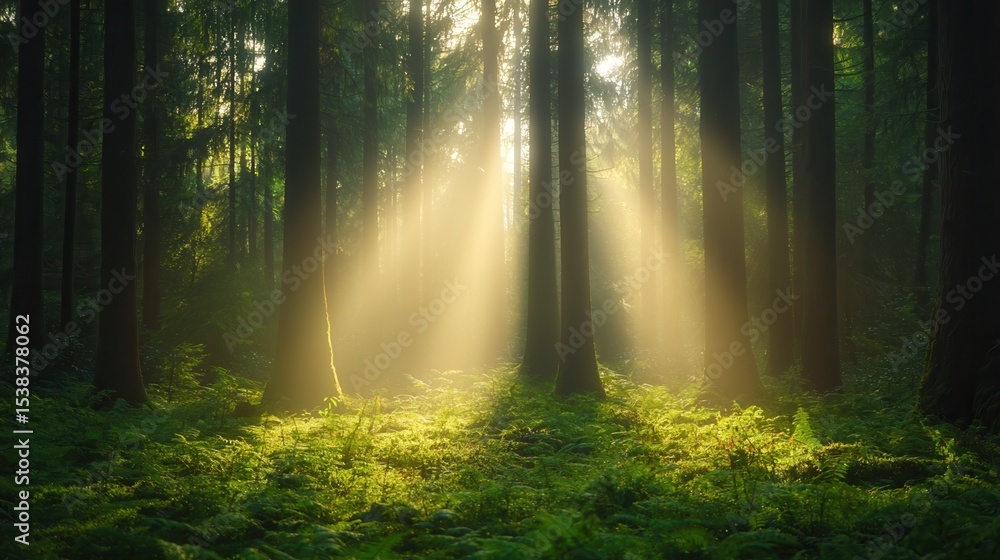 Obraz premium Nature conservation concept. Sunlight filters through trees in a serene forest scene.