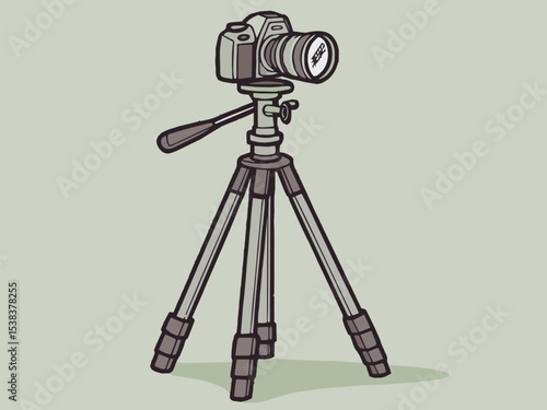 A retro black film camera with a lens on a metal tripod stands in a professional photography studio, isolated on white