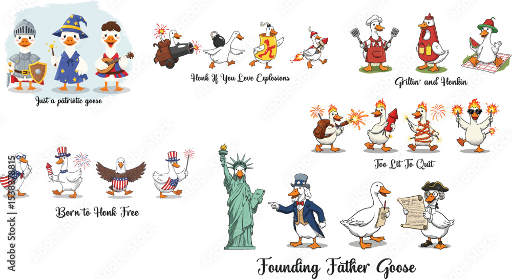 Fototapeta premium Funny 4th of July Patriotic Goose Vector Set – American Independence Day Cartoon Animals with Costumes and Fireworks